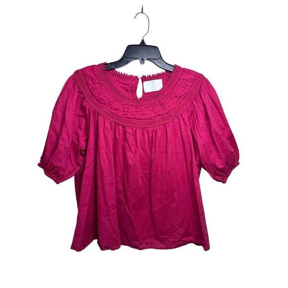 Merlette Marfa Top XS Deep Pink Woven Blouse Smocked Neckline Puff Sleeve Lined - Picture 2 of 10